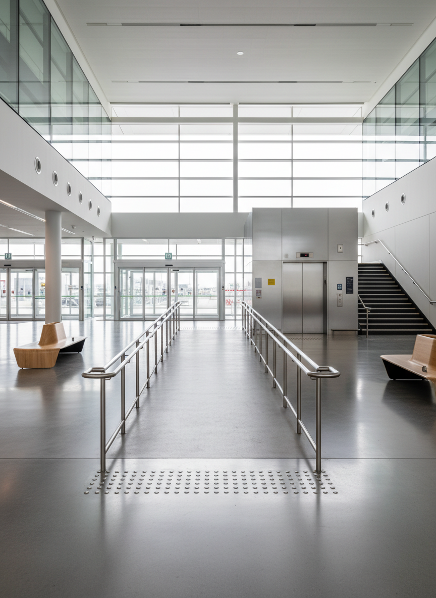 A sleek, modern airport departures hall rendered in photographic realism, focusing on a wide, gently sloping ramp with stainless steel railings and smooth, non-glare flooring. Discreet tactile paving guides the way toward automatic glass doors. In the midground, a clearly marked elevator with large illuminated buttons sits beside a short but steep staircase, illustrating different mobility options without showing people. Soft, diffused daylight filters through high clerestory windows, casting gentle reflections on polished surfaces. Shot from a slightly elevated, wide-angle perspective that emphasizes clear pathways, turning radii, and resting spots like low benches. The mood is calm, organized, and professional, hinting at both potential challenges and thoughtful accessibility design for travelers with mobility or balance issues.